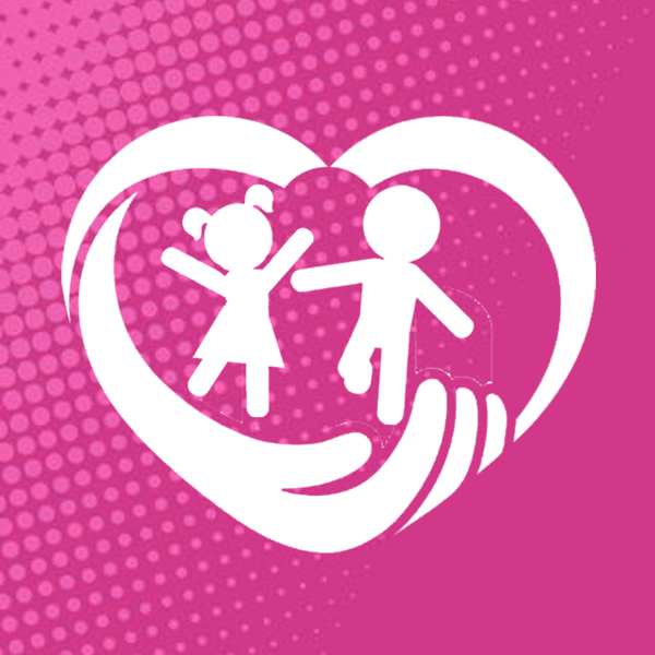 Icon of white heart around a boy and girl inside a pink block