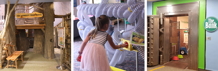 Collage of three images: play bank vault, play tree house, and young girl putting orange balls in air tubes.