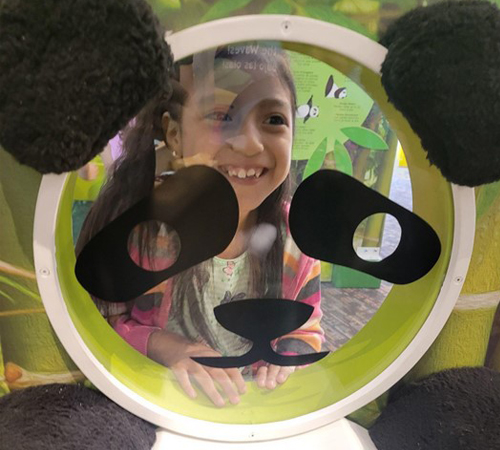 Little girl behind panda shaped see through glass smiling for the camera