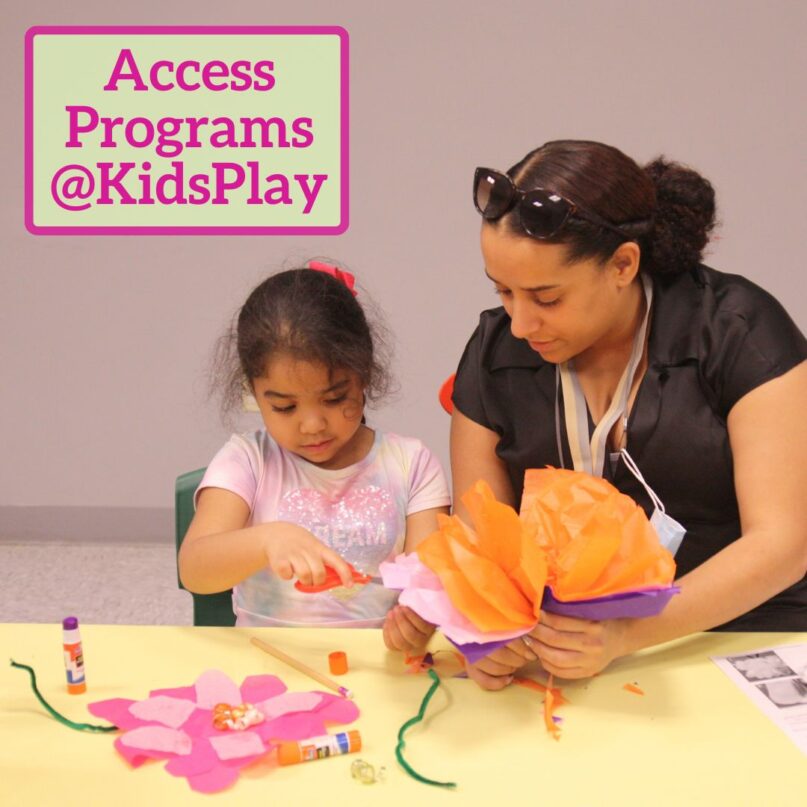 A graphic of a young girl and her mother making crafts together at KidsPlay. Text in the upper left hand corner reads "Access Programs @ KidsPlay"