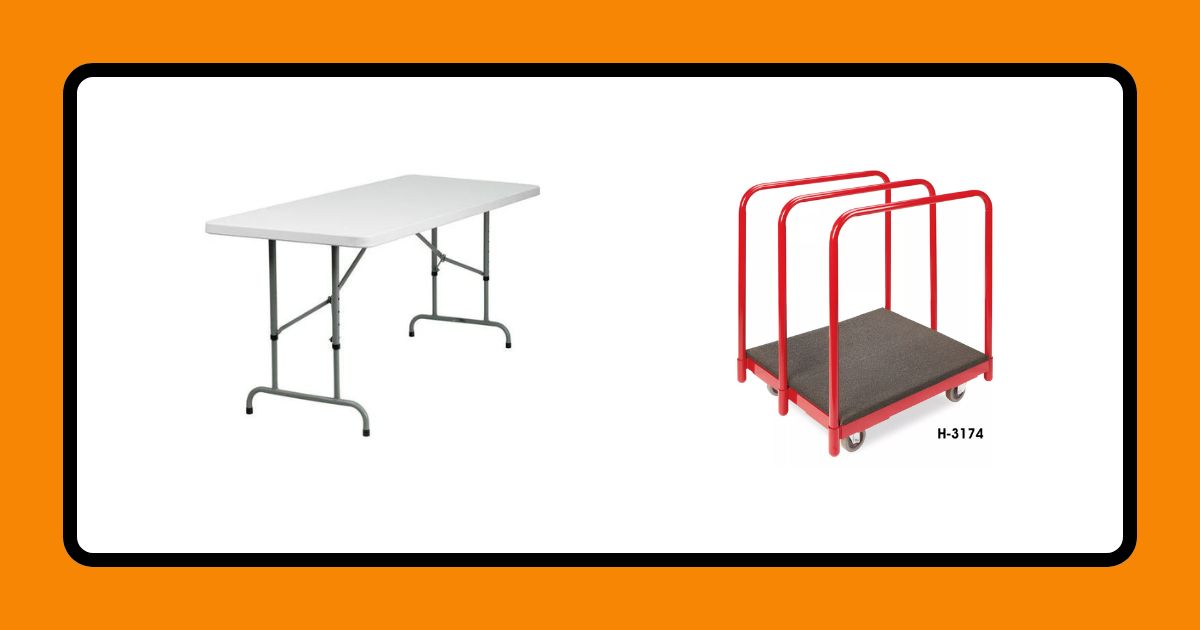 A graphic with an orange border and a white background. It depicts a folding table and a table mover cart.