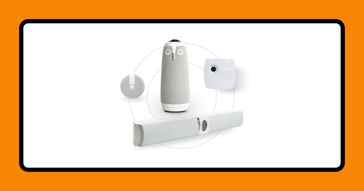 A graphic with an orange border and a white background. It depicts a video conference system.