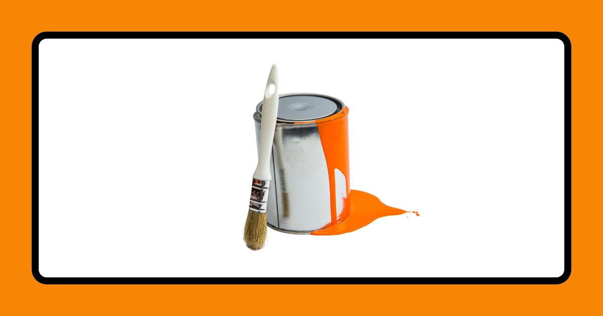 A graphic with an orange border and a white background. It depicts a bucket of orange paint and a paintbrush.