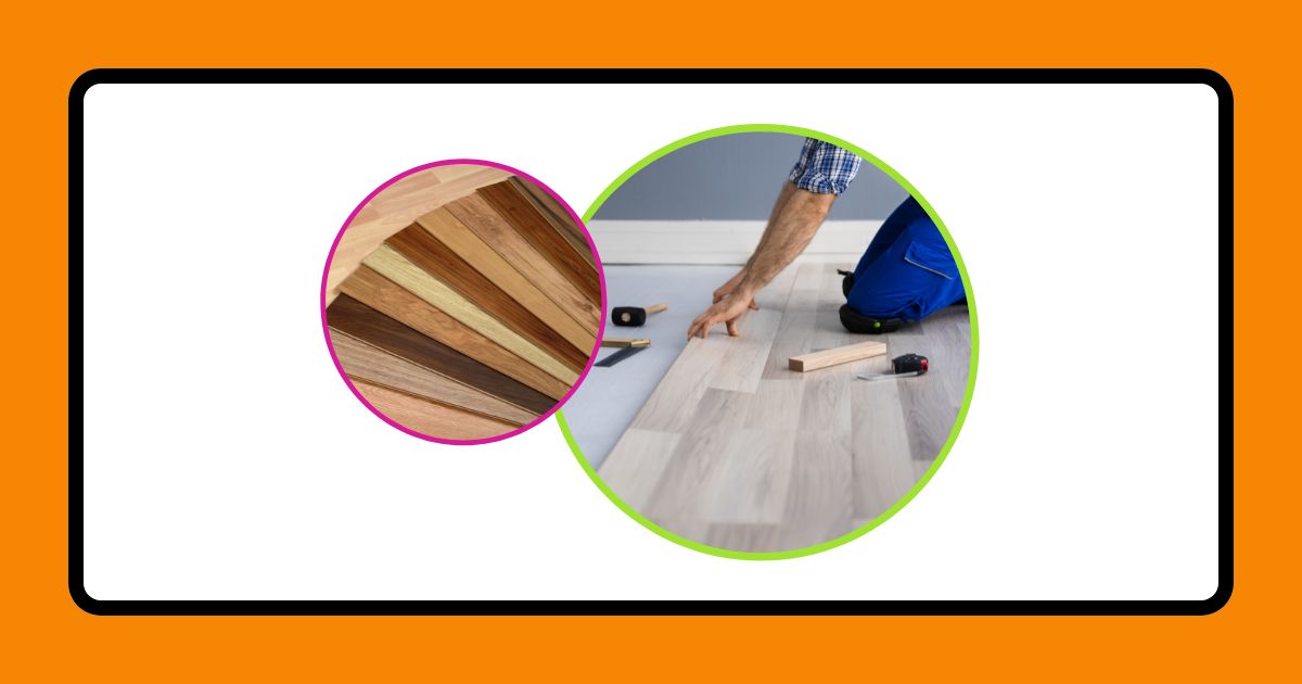 A graphic with an orange border and a white background. It depicts flooring samples and someone installing flooring.