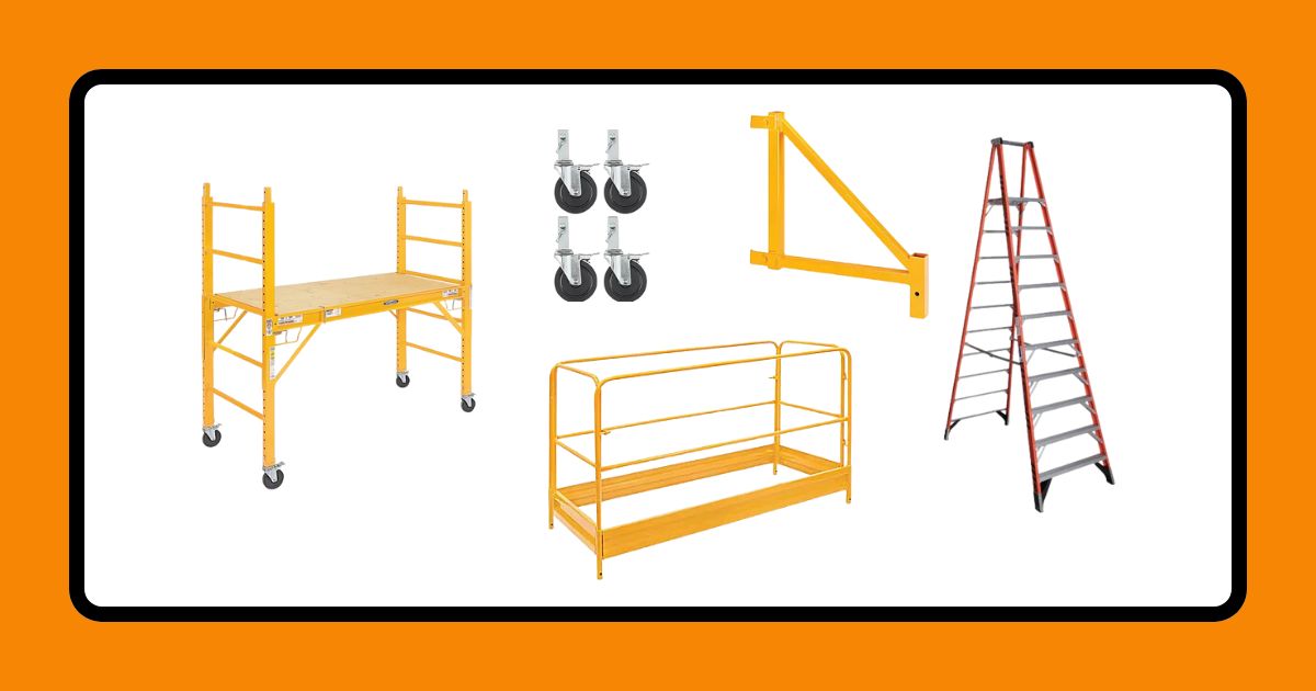 A graphic with an orange border and a white background. It depicts a ladder, a scaffold, a guard rail, an outrigger kit, and casters.