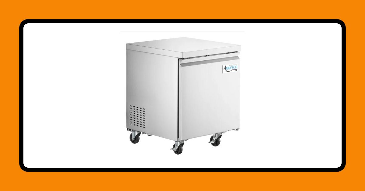 A graphic with an orange border and a white background. It depicts a small refrigerator on wheels.