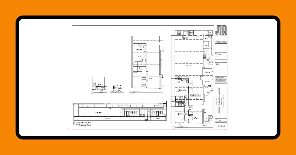 A graphic with an orange border and a white background. It depicts floorplan of KidsPlay Children's Museum.