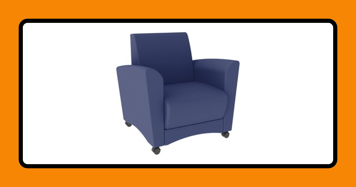 A graphic with an orange border and a white background. It depicts a comfortable-looking blue chair on wheels.