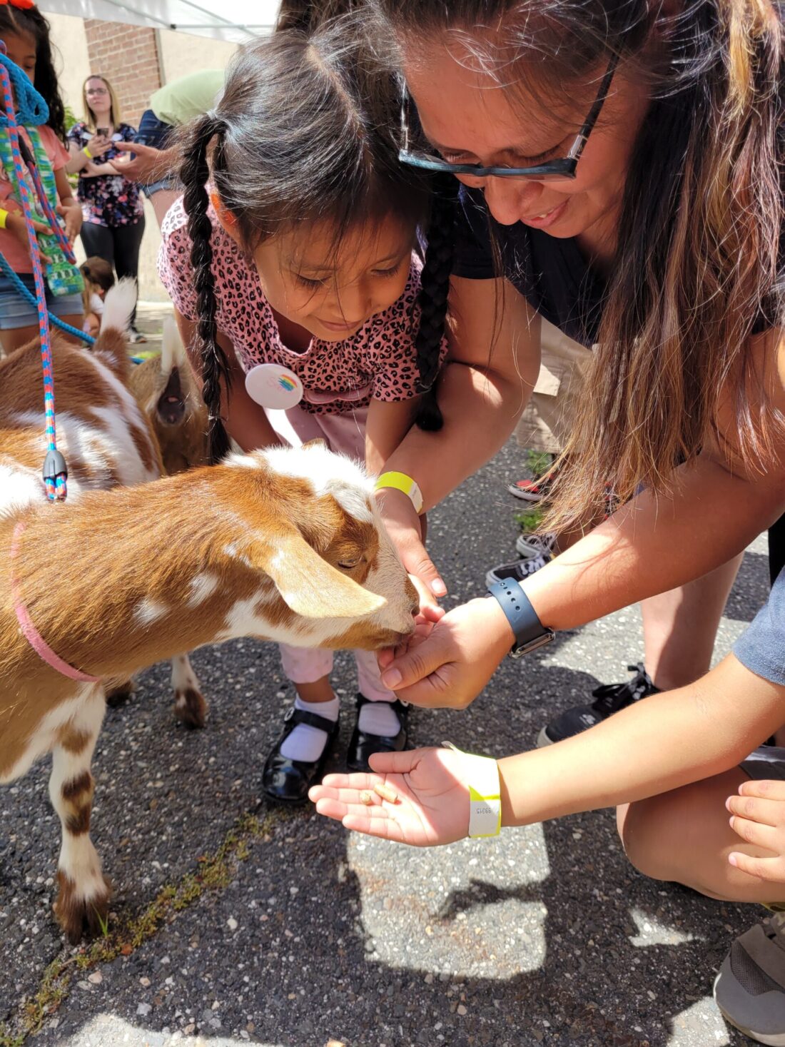 A photo of Carolina Gonzalez, Senior Guest Service Associate at KidsPlay, helping a young girl feed a goat.