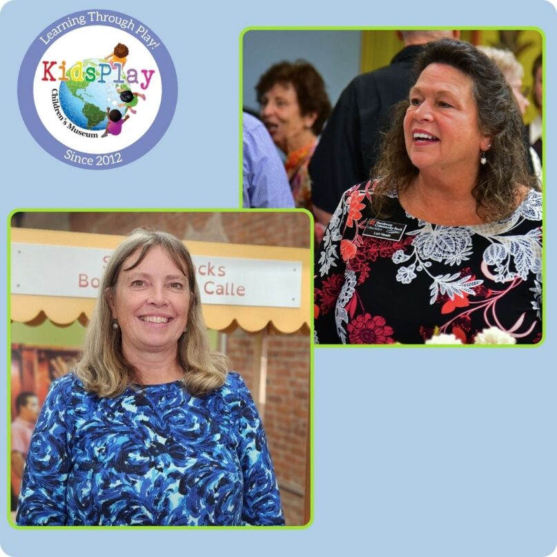 A photo of Kristen Fern and a photo of Lori Heath on a blue background with a white border. The KidsPlay logo is in the upper left hand corner.