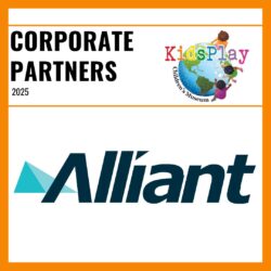 A square graphic with an orange border and a white background. Bold black text reads "Corporate Partners 2025" with the KidsPlay logo to the right of the text. A thin orange line is beneath the text. Under the line is the Alliant logo.