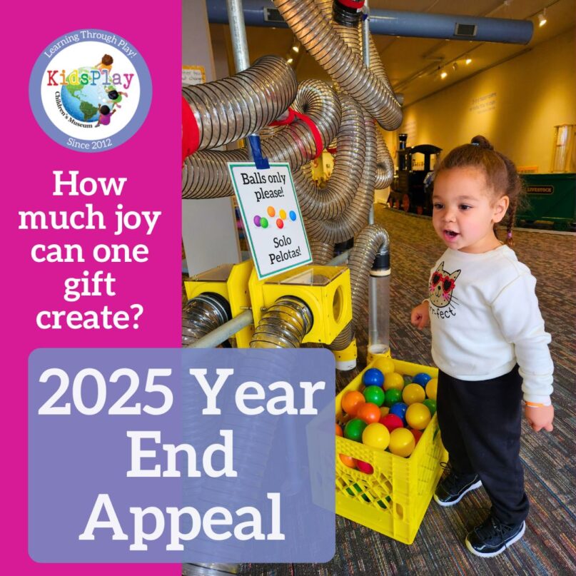 A square graphic in different shades of purple with the KidsPlay logo and a photo of a girl playing at KidsPlay. White texts reads "How much joy can one gift create?" and "2025 Year End Appeal."