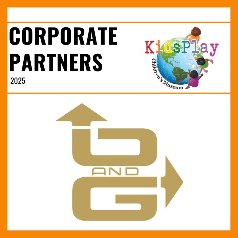 A square graphic with an orange border and a white background. Bold black text reads "Corporate Partners 2025" with the KidsPlay logo to the right of the text. A thin orange line is beneath the text. Under the line is the O&G Industries logo.