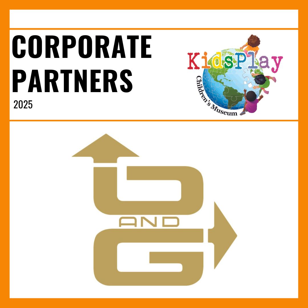 A square graphic with an orange border and a white background. Bold black text reads "Corporate Partners 2025" with the KidsPlay logo to the right of the text. A thin orange line is beneath the text. Under the line is the O&G Industries logo.