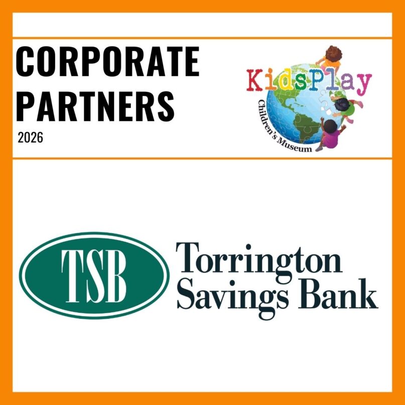 A square graphic with an orange border and a white background. Bold black text reads "Corporate Partners 2026" with the KidsPlay logo to the right of the text. A thin orange line is beneath the text. Under the line is the Torrington Savings Bank logo.