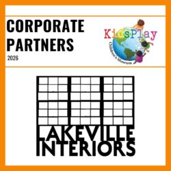 A square graphic with an orange border and a white background. Bold black text reads "Corporate Partners 2026" with the KidsPlay logo to the right of the text. A thin orange line is beneath the text. Under the line is the Lakeville Interiors logo.