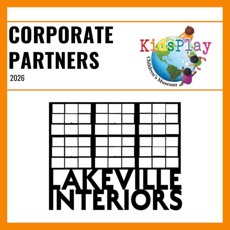 A square graphic with an orange border and a white background. Bold black text reads "Corporate Partners 2026" with the KidsPlay logo to the right of the text. A thin orange line is beneath the text. Under the line is the Lakeville Interiors logo.