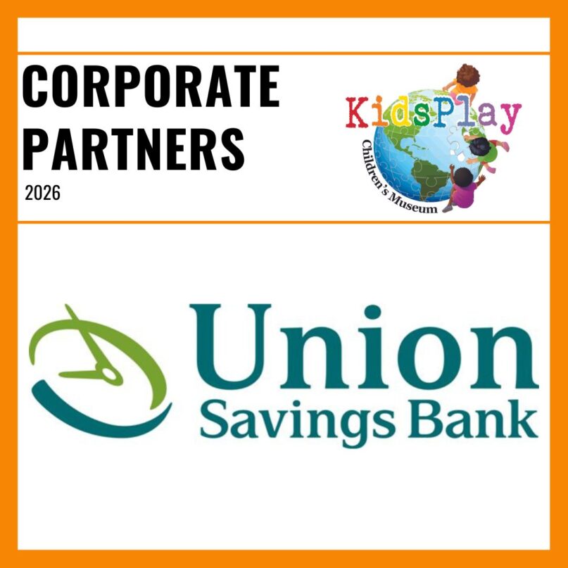 A square graphic with an orange border and a white background. Bold black text reads "Corporate Partners 2026" with the KidsPlay logo to the right of the text. A thin orange line is beneath the text. Under the line is the Union Savings Bank logo.
