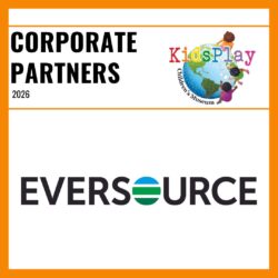 A square graphic with an orange border and a white background. Bold black text reads "Corporate Partners 2026" with the KidsPlay logo to the right of the text. A thin orange line is beneath the text. Under the line is the Eversource logo.