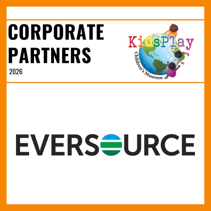 A square graphic with an orange border and a white background. Bold black text reads "Corporate Partners 2026" with the KidsPlay logo to the right of the text. A thin orange line is beneath the text. Under the line is the Eversource logo.