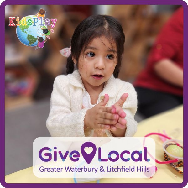 A square graphic with a purple border. Inside the square is a picture of a young girl with a thoughtful expression on her face rolling something between her hands while playing in KidsPlay's Maker Space exhibit. In the upper left hand corner of the graphic is the KidsPlay logo. At the bottom of the graphic is the Give Local Greater Waterbury & Litchfield Hills logo.