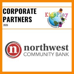 A square graphic with an orange border and a white background. Bold black text reads "Corporate Partners 2026" with the KidsPlay logo to the right of the text. A thin orange line is beneath the text. Under the line is the Northwest Community Bank logo.