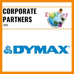 A square graphic with an orange border and a white background. Bold black text reads "Corporate Partners 2026" with the KidsPlay logo to the right of the text. A thin orange line is beneath the text. Under the line is the Dymax logo.
