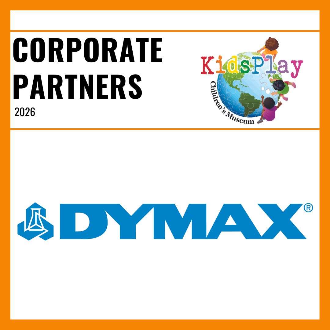 A square graphic with an orange border and a white background. Bold black text reads "Corporate Partners 2026" with the KidsPlay logo to the right of the text. A thin orange line is beneath the text. Under the line is the Dymax logo.